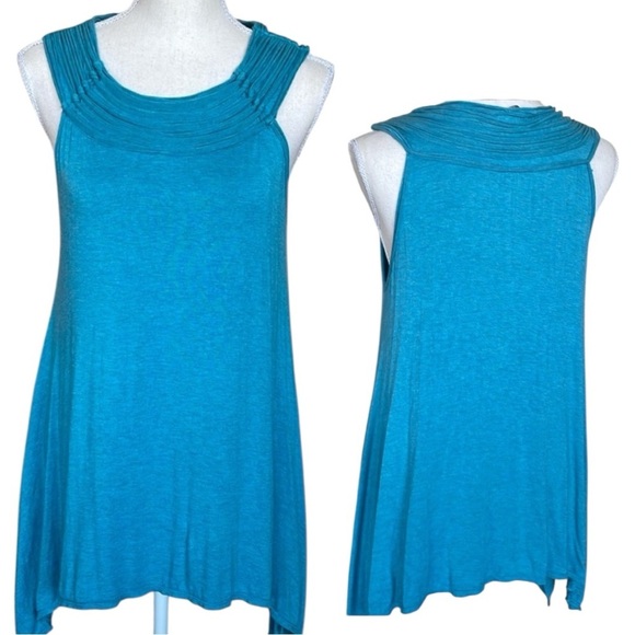 Max Edition Tops - Max Edition Pleated Halter Neck Swing Top Teal Blue Polished Jersey Knit Large